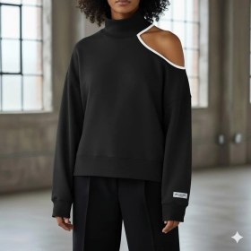 Resim Afri Modern Açık Omuz Tek Omuz Balıkçı Yaka Kadın Sweatshirt - Siyah Rengi Siyah 