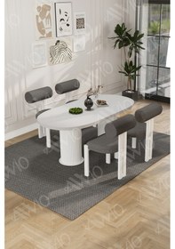 Resim Avvio Lora Serisi Bohem Ayak 4'lü Metal Pofi Demonte Sandalye 80x140 Masa Sandalye Takımı Beyaz Masa Sandalye Beyaz Kumaş Gri 