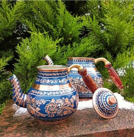 Resim Lacivert Seramik Boya Kaplama Gül Çiçek Bakır Çaydanlık 