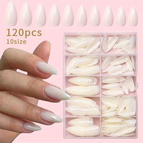 Resim 120 adet bej nude parlak uzun badem şekilli yapay tırnak, bej serisi tek renkli basmalı tırnaklar, minimalist tarz tam kaplama s' nail art seti 