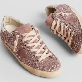 Resim Golden Goose - Super Star Pink Glitter With Suede Star - Pembe Simli - Kadın Sneaker 