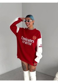 Resim Kadın Bisiklet Yaka Kolu Şeritli Nakışlı Sweatshirt - Kırmızı 