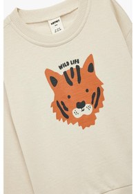Resim Koton Erkek Bebek Pamuklu Uzun Kollu Bisiklet Yaka Kaplan Baskılı Sweatshirt Ekru 
