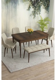 Resim Meri Serisi 80x132 Açılabilir Mdf Barok Ahşap Desen Masa Takımı 4 Gri Sandalye 1 Bench Krem 