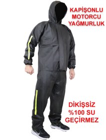Resim go out Şapkalı Kapişonlu Yağmur ve Rüzgar Geçirmez PVC Motorcu Yağmurluk Alt Üst Takım Dikişsiz Garantli 