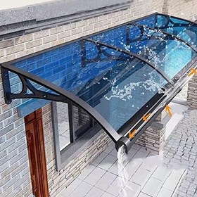 Resim Açık Hava Tente Gölgelik Ön Kapı Modern Yağmur Barınağı Örtüsü Mavi Polikarbonat ve Siyah Alüminyum Çerçeve Şık Veranda Tente (60x150 cm 24"x59") 