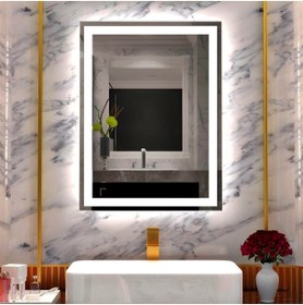 Resim altena dekorasyon 80x60 Cm Beyaz Ledli Kumlamalı Modern Dekoratif Ayna Banyo Ofis Lavabo Aynası - Trafolu Prizli 