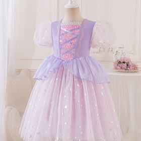 Resim Kızların Parıltılı Mor Tül Prenses Elbisesi - Puf Kollu, Diz Boyu Parti ve Tatil Elbisesi, Geometrik Desen, Düğme Detayları, Yaz Resmi Giyim, Kızlar İçin Prenses Elbiseleri, Prenses Parti Elbisesi, Dekoratif Kurdele Detayı, Zarif El Sanatları 