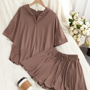 Resim Kadın Rahat V Yaka Pijama Takımı, Düz Renkli Polyester Örgü Kumaş, Kısa Kollu Kapüşonlu Sweatshirt ve Bağcıklı Şort, Yetişkinler İçin İlkbahar/Yaz/Sonbahar Ev Giyim Takımı 