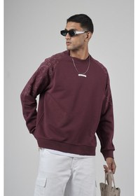 Resim Reglan Kol Omuzları Baskılı Oversize Kesim Erkek Sweatshirt Bordo 