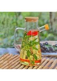 Resim Cam Yağdanlık Şişe 900 ML Bambu Vakumlu Kapak Ahşap Stantlı 