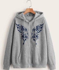 Resim Hırka - Gri Baskılı Oversize Kapüşonlu Unisex Gri 