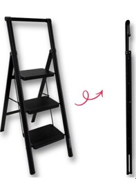 Resim Endokon Katlanır Tutma Kollu Şık Merdiven Siyah 3 Basamaklı - Çelik - Ev - Ofis Merdiveni 