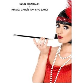 Resim 1920&amp 39 Ler 1990&amp 39 Lar Gatsby Kadın Aksesuar Seti Kırmızı Charleston Saç Bandı Ilkeshop - 15 Ve Sigar 