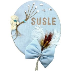 Resim Süslebabypartystore Kuru Çiçek Tanzimli, Ayıcıklı, Isimli Oval Kapı Süsü, Mavi 
