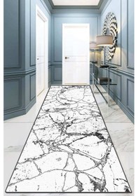 Resim Marble Beyaz Yolluk Halı Djt Yıkanabilir,Kaymaz Tabanlı Kesme Rulo Halı Yolluk Beyaz 