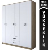 Resim Rani BA113 Geniş Gardırop Elbise Dolabı 6 Kapaklı 2 Çekmeceli 6 Raflı 3 Askılı Sepet Ceviz - Beyaz 