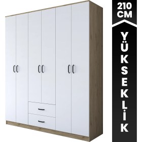 Resim Rani BA113 Geniş Gardırop Elbise Dolabı 6 Kapaklı 2 Çekmeceli 6 Raflı 3 Askılı Sepet Ceviz - Beyaz 