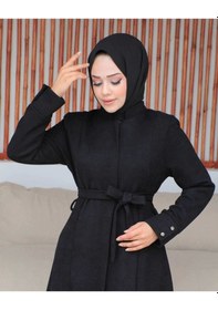 Resim Tam Boy Kuşaklı Gizli Fermuarlı Mevlana Ferace Siyah 