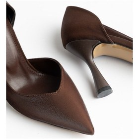 Resim Büyük Beden Kadın İnce Topuklu Stiletto Kahverengi Parlak Saten Yan Açık-4668 Kahverengi 