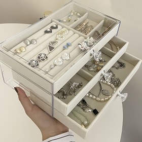 Resim Şık Takı Organizatör Kutusu - Şeffaf Kapaklı, Bej/Beyaz Yumuşak İç Bölme, Taşınabilir Kolye, Küpe ve Yüzük Sergileme Kutusu - Ev, Salon, Butik için Zarif Takı Saklama Hediyesi (Anneler Günü, Sevgililer Günü) - Güç Gerektirmez, Dayanıklı Tasarım, Kadınlar için Dekoratif Aksesuar 