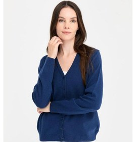 Resim Desen Triko Kadın V Yaka Yün Hırka 21021 Indigo Indigo 