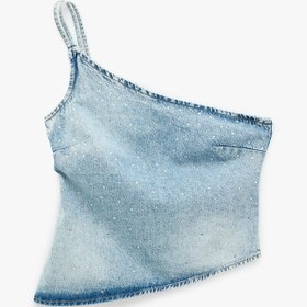 Resim Rahat Kalıp Taş Detaylı Pamuklu Fermuarlı Askılı Asimetrik Denim Bluz 