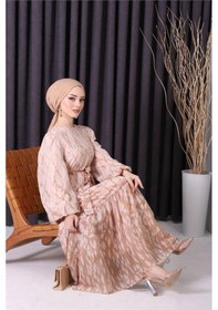 Resim Neşeli Butik Kadın Şifon Eteği Fırfırlı Desenli Tesettür Elbise Sms008 Bej 