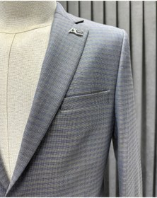 Resim Avni Ceylan Erkek Mavi İnce Ekoseli Kapaklı Cep Mantar Düğmeli Blazer Ceket 