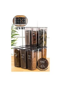 Resim Vienev Beyaz Serigrafi Etiketli 12li 1,75 Litre Peggy Kare Erzak Saklama Kabı Antrasit Çok Renkli 