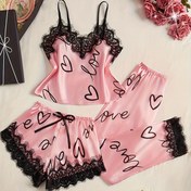 Resim 3 adet Kontrast Dantel Harf Baskılı Pijama Takımı, Spagetti Askılı Üst ve Elastik Pantolon ve Fiyonk Süslemeli Şortlar, Kadınların Rahat Uyku Giyimi ve Ev Giyimi, Günlük Kullanım 