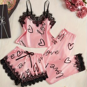 Resim 3 adet Kontrast Dantel Harf Baskılı Pijama Takımı, Spagetti Askılı Üst ve Elastik Pantolon ve Fiyonk Süslemeli Şortlar, Kadınların Rahat Uyku Giyimi ve Ev Giyimi, Günlük Kullanım 