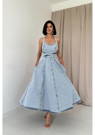Resim Valensdesign Kar Yıkama Midi Boy Bantlı Kot Elbise Kar Yıkama 
