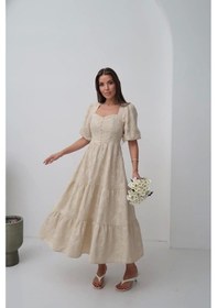 Resim Bej Süs Düğmeli Balon Kollu Elbise Bej 