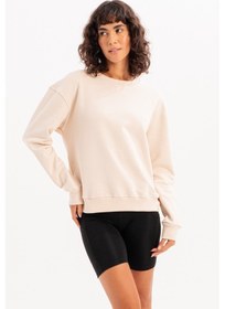 Resim Justever Bisiklet Yaka Basic Kalıp Bej Kadın Sweatshirt Eşofman Üstü - Aura Bej 