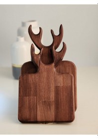 Resim Ceviz Renk İkili Geyikli Sunum Tahtası Kesme Tahtası Kahve Sunum 