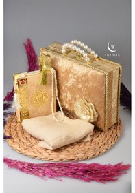 Resim İnci Ahşap Kadife Kutulu Kur'an-ı Kerim Çeyizlik-hediyelik Set Gold Renk Krem 