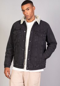 Resim LTC Jeans Siyah Içi Beyaz Kürklü Kol Içi Kapitone Oversize Kot Ceket 