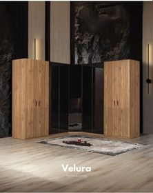 Resim İzgi 9 Cam Ve Ahşap Kapaklı Köşe Gardırop Dolap Ceviz 