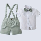 Resim Boarnseorl Bebek Bay Outfit, Kısa Kollu Gömlek ile Yay ve Yeşil Şort içeren İki Parçalı Set, Şık ve Doğum Günü Partileri, Akşam Etkinlikleri, Performanslar, İlk Doğumlar ve Düğün Banketleri için Uygun. 