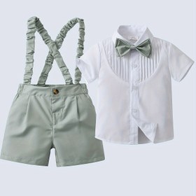 Resim Boarnseorl Bebek Bay Outfit, Kısa Kollu Gömlek ile Yay ve Yeşil Şort içeren İki Parçalı Set, Şık ve Doğum Günü Partileri, Akşam Etkinlikleri, Performanslar, İlk Doğumlar ve Düğün Banketleri için Uygun. 