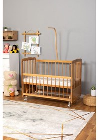 Resim Ahşap Beşik Anne Yanı Beşik Doğal Vernikli 60x120 - Uyku Setsiz Tek Yataklı Tekerlekli Ahşap 