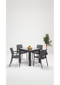 Resim Rattan 4 Kişilik Kollu Camlı Bahçe Masa Takımı - Antrasit Siyah 