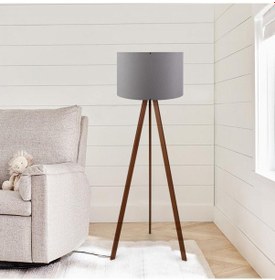 Resim Pratik Ahşap Üç Ayaklı Tripod Lambader Gri Kumaş Başlık Salon Oturma Odası Köşe Lambası Antrasit 
