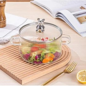 Resim Morponi Borosilikat Cam Metal Çerçeveli Cam Kapaklı Ayıcık Figürlü 2000 Ml Cam Tencere Şeffaf 