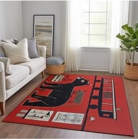 Resim rugs modern Dido Koleksiyonu Siyah Kırmızı Tema Tren ve Hayvan Desenli Modern Dekoratif Halı 3326, 80 x 150 