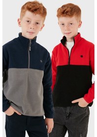 Resim Lela Yumuşak Dokulu Yarım Fermuarlı Renk Bloklu Dik Yaka 2'Li Paket Çocuk Polar 5905004S2 Kırmızı Siyah-Lacivert Gri 