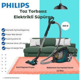Resim Philips Marathon Ultimate 899 W Toz Torbasız Turbo Başlıklı Elektrikli Süpürge, Powercyclone 10, Triactive Ultra LED Başlık 