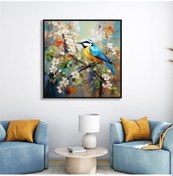 Resim Yağlı Boya Dokulu Tablo Dalda Renkli Kuş Siyah Çerçeveli U04021-178935 