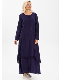 Resim Uzun Kol Şile Bezi Nervürlü Uzun Elbise Mor 